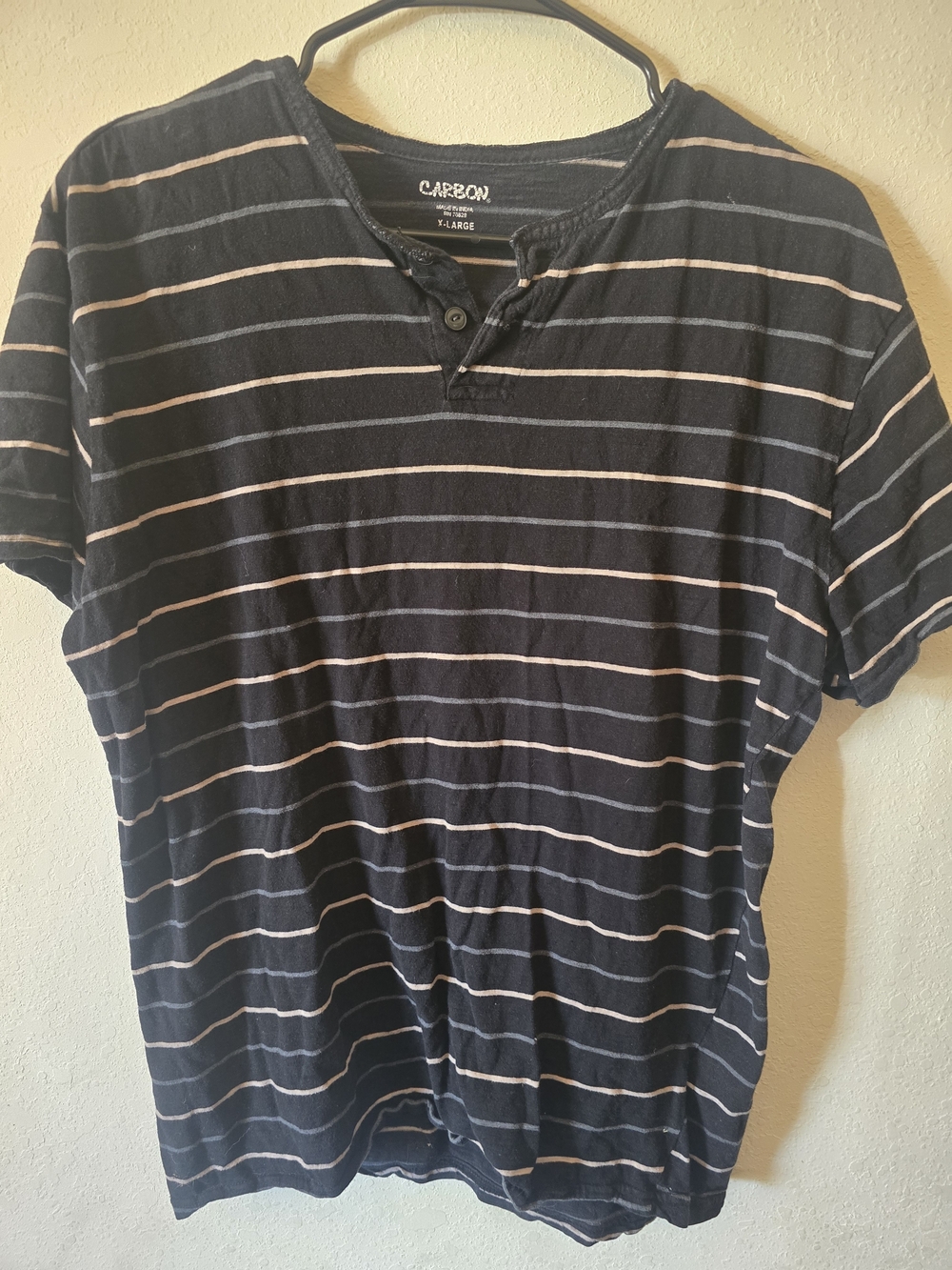 Carbon Men’s Navy and Cream Striped Henley Tee
